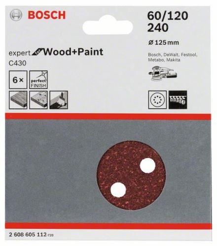 BOSCH Papel de lixa C430, 6 un. 125 mm, 60; 120; 240 2608605112